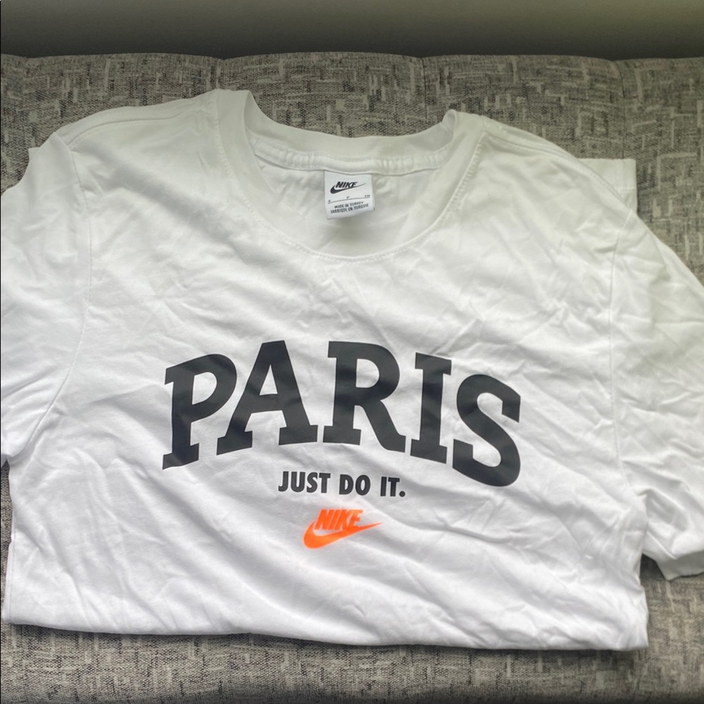 Nike White Tee with Paris Print and Orange Logo